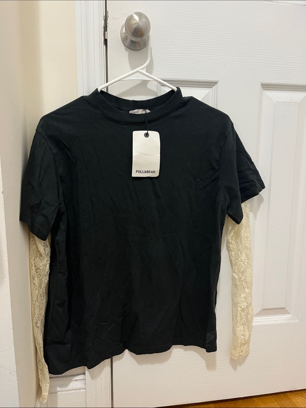 Pull&Bear Black Tee with Cream Lace Sleeves